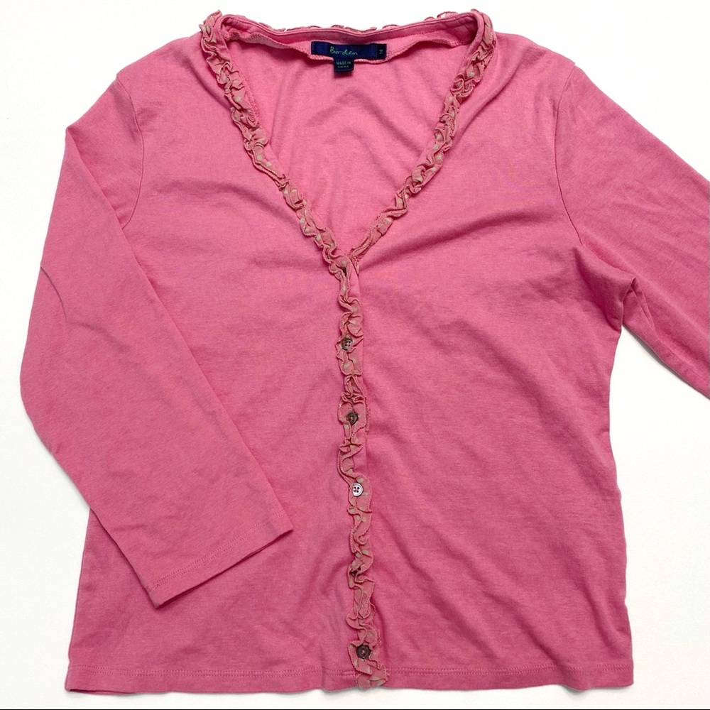 mini boden | bubblegum pink ruffle grosgrain cardigan youth 14